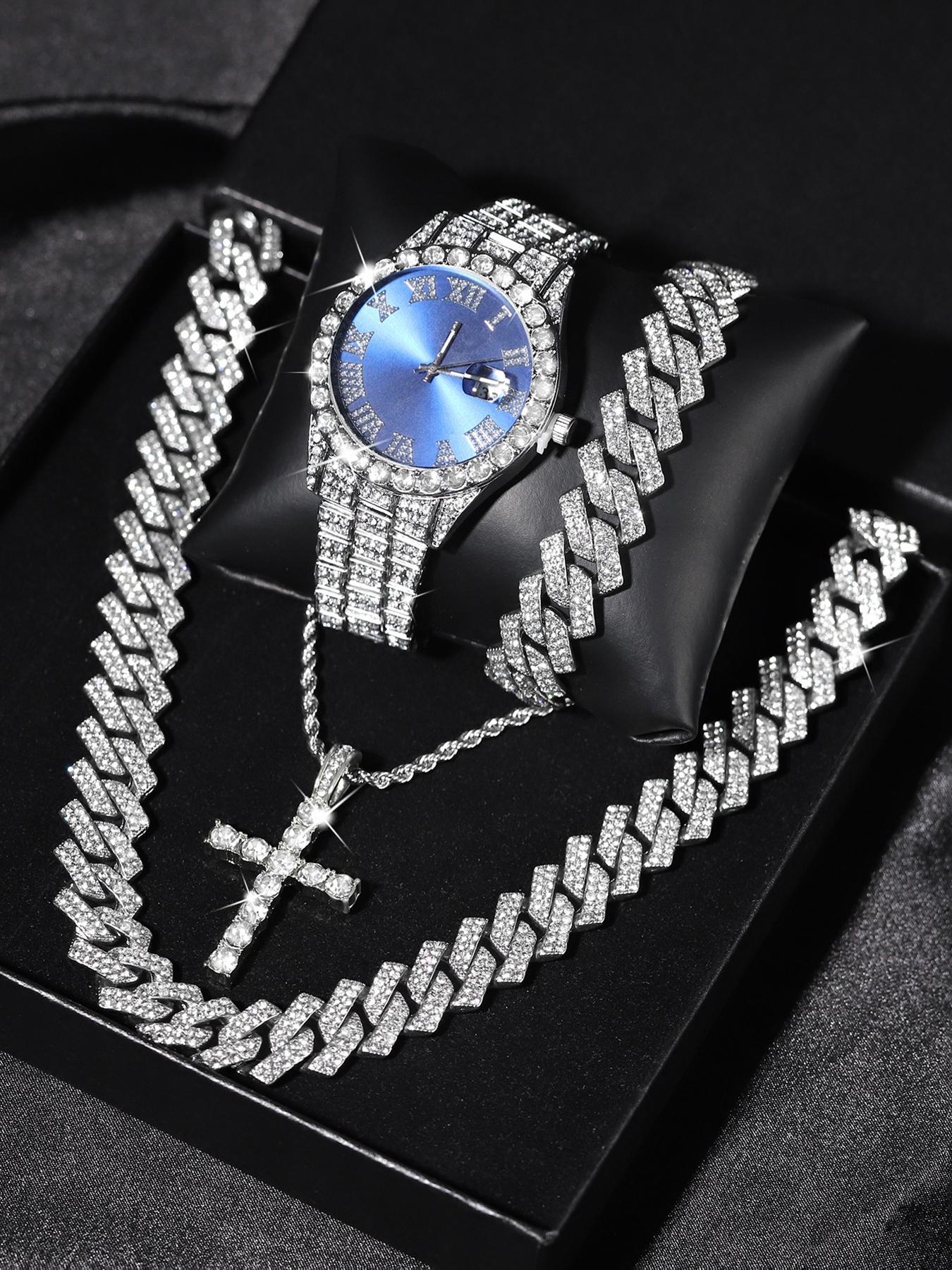 Men's Punk Style Rhinestone Decor Watch & Bracelet & Adjustable Cross Charm Necklace & Cuban Necklace, Trendy Jewelry Set, Exquisite As Gift with Box