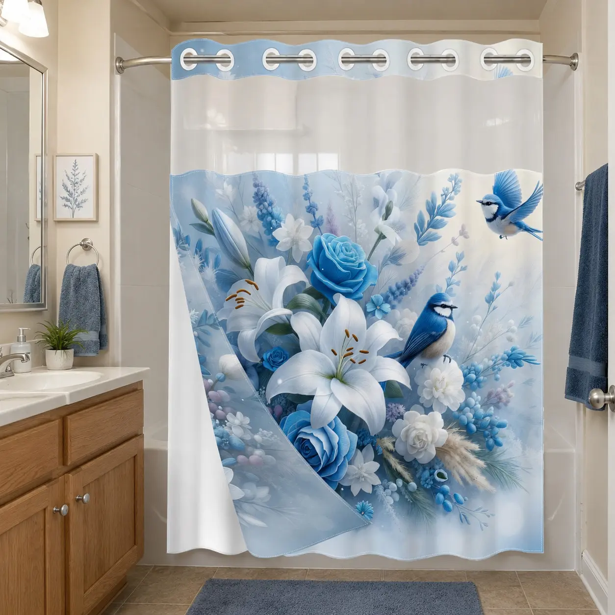 1pc 2D Flat Printing hookless shower curtain hanger liner Blue and White Flowers with Birds Fabric waterproof lining shower curtain with transparent window, double-layer shower curtain, 71 x 74 inches, modern home curtain decoration