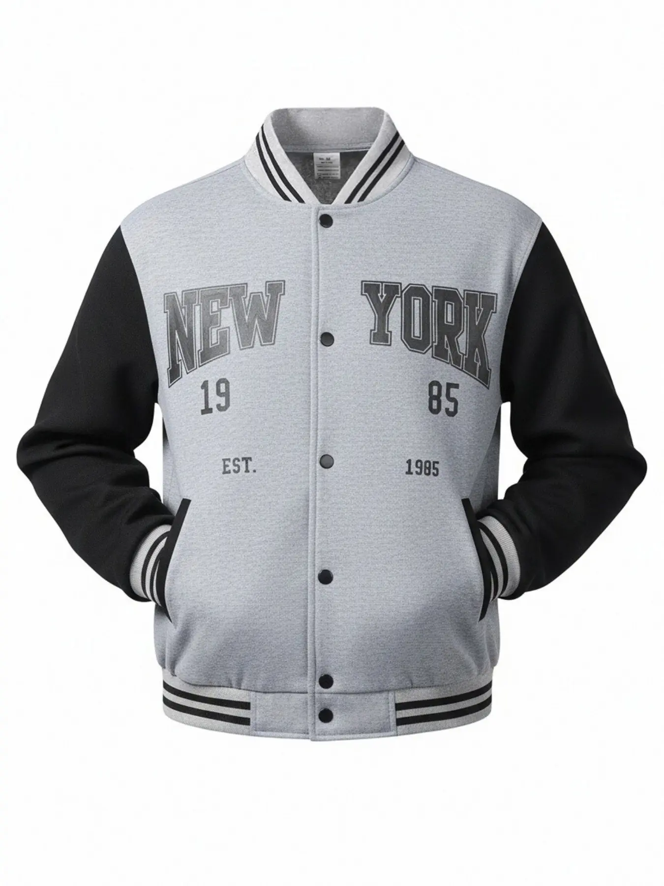 New York Letter Baseball Jacket, Ribbed Striped Collar Single Button Loose Fit, Vintage Letter Print College Style, Men's Fall Winter Casual Outerwear