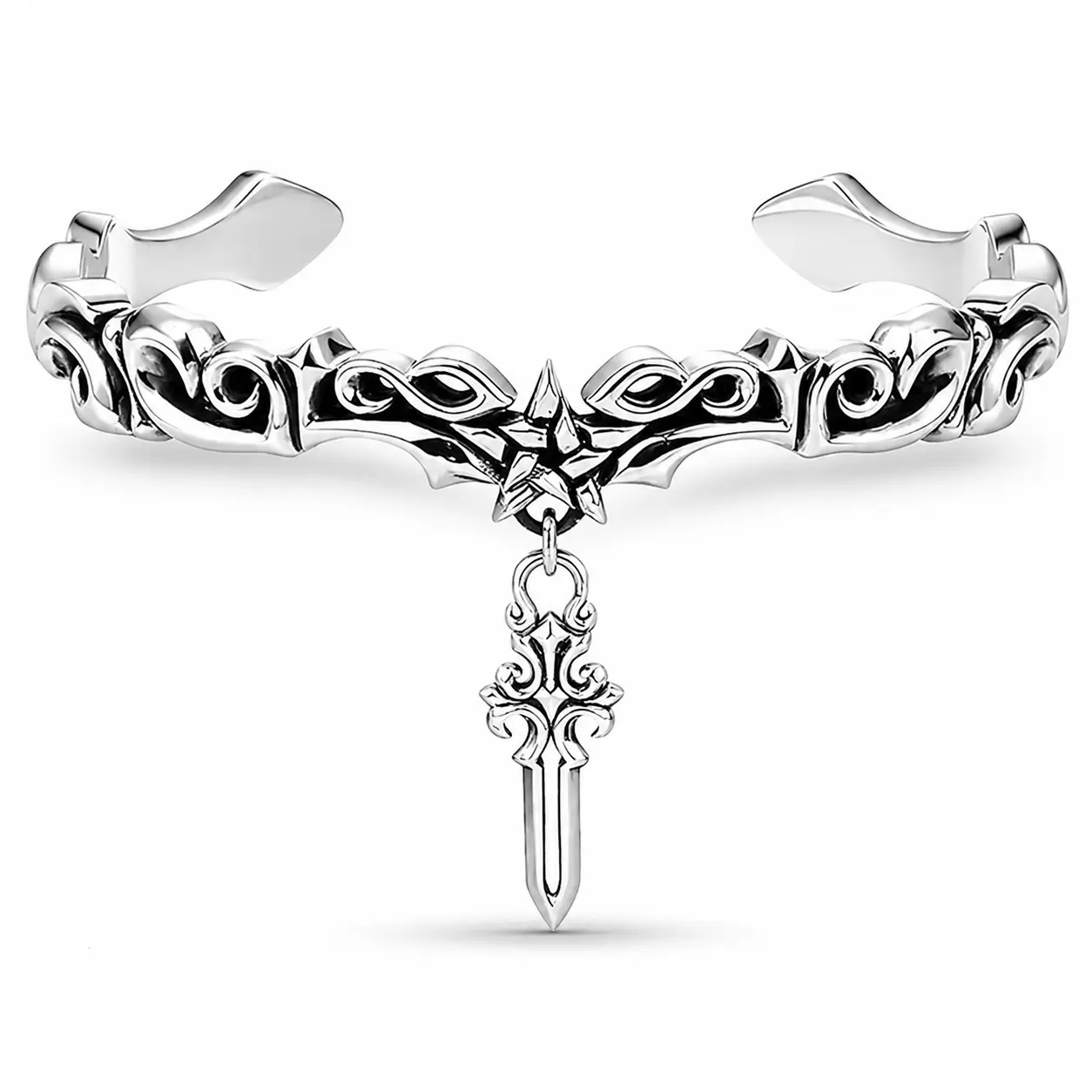 Men's Handmade Silver-Plated Open Cuff Bracelet - Vintage Twist Scroll Pattern, Adjustable Fit, Dagger Charm, Retro Look Costume Jewelry for Casual Wear, Handmade Cuff Bracelets Men's Accessories