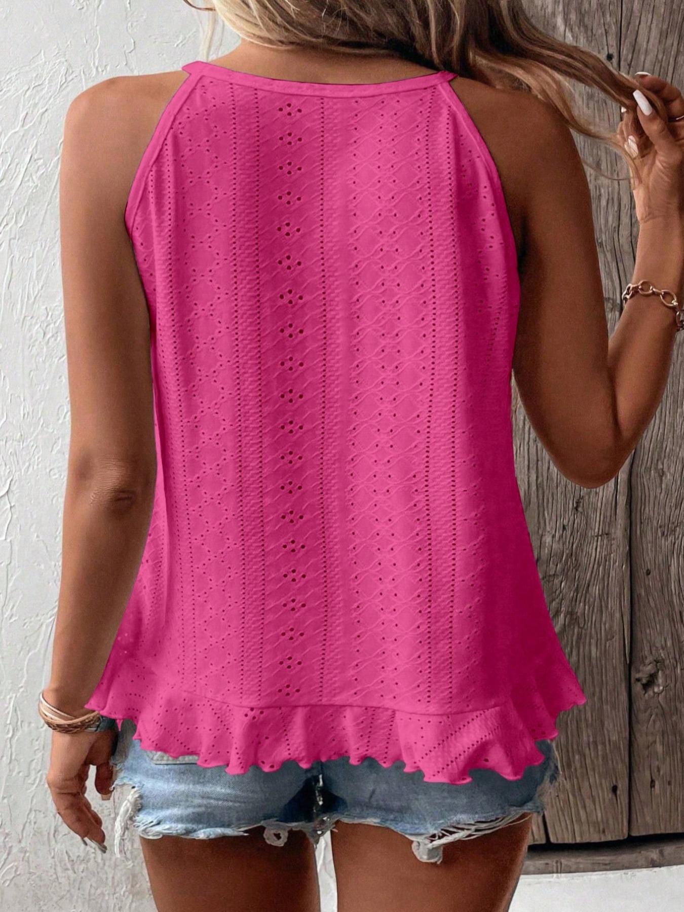 【Plus Size】 Solid Color Eyelet Embroidery Cami Top, Casual Elegant Sleeveless Knit Top for Daily Wear, Women Plus Clothing for All Seasons