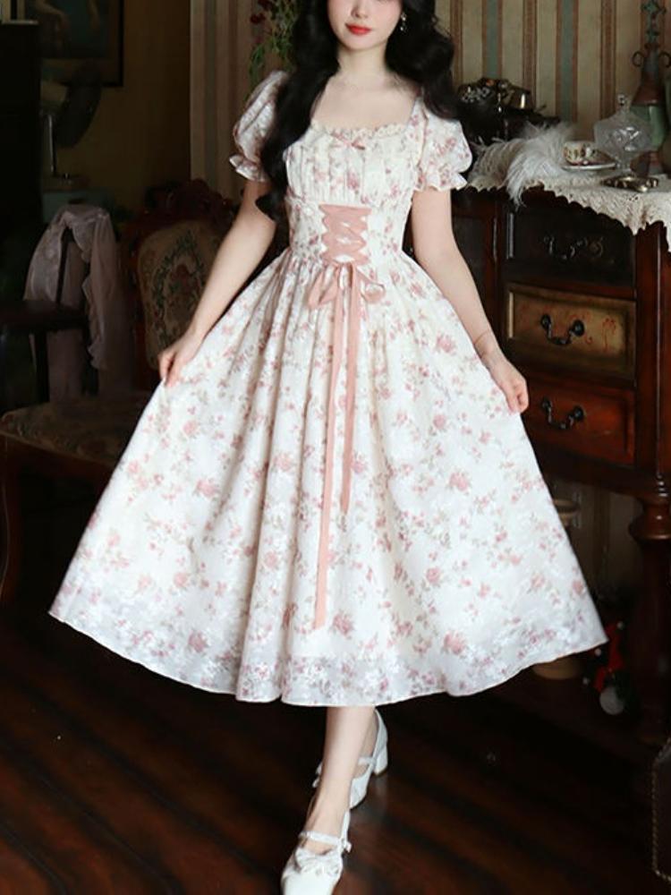 Summer Korean Fashion Lace Fairy Dress Women Square Collar Princess Kawaii Floral Print Dress Female Bandage Sweet Dress 2026