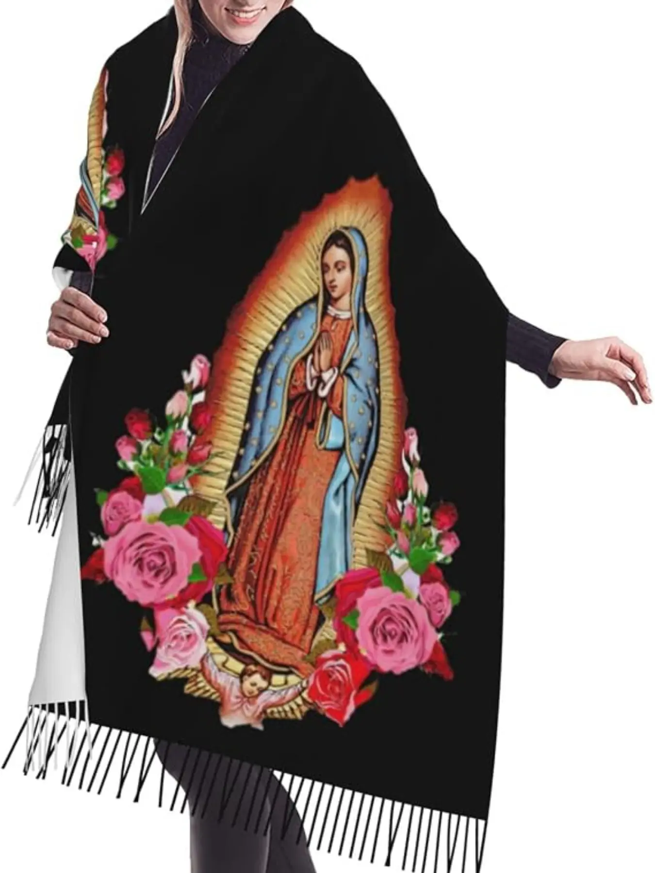 Women's Our Lady of Guadalupe Rose Print Shawl, Cashmere Feel Oversized Warm Blanket Scarf, Perfect Gift for Her