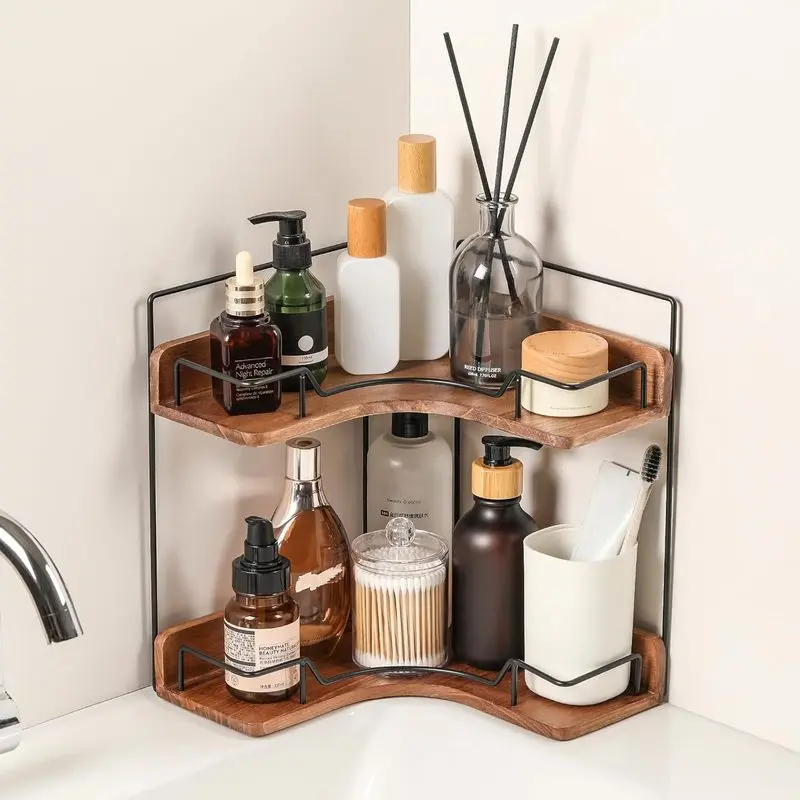 2 Tier Bathroom Counter Organizer, Wooden Corner Shelf for Vanity Countertop, Space Saving Skincare Makeup Storage Rack for Bathroom Kitchen Bedroom