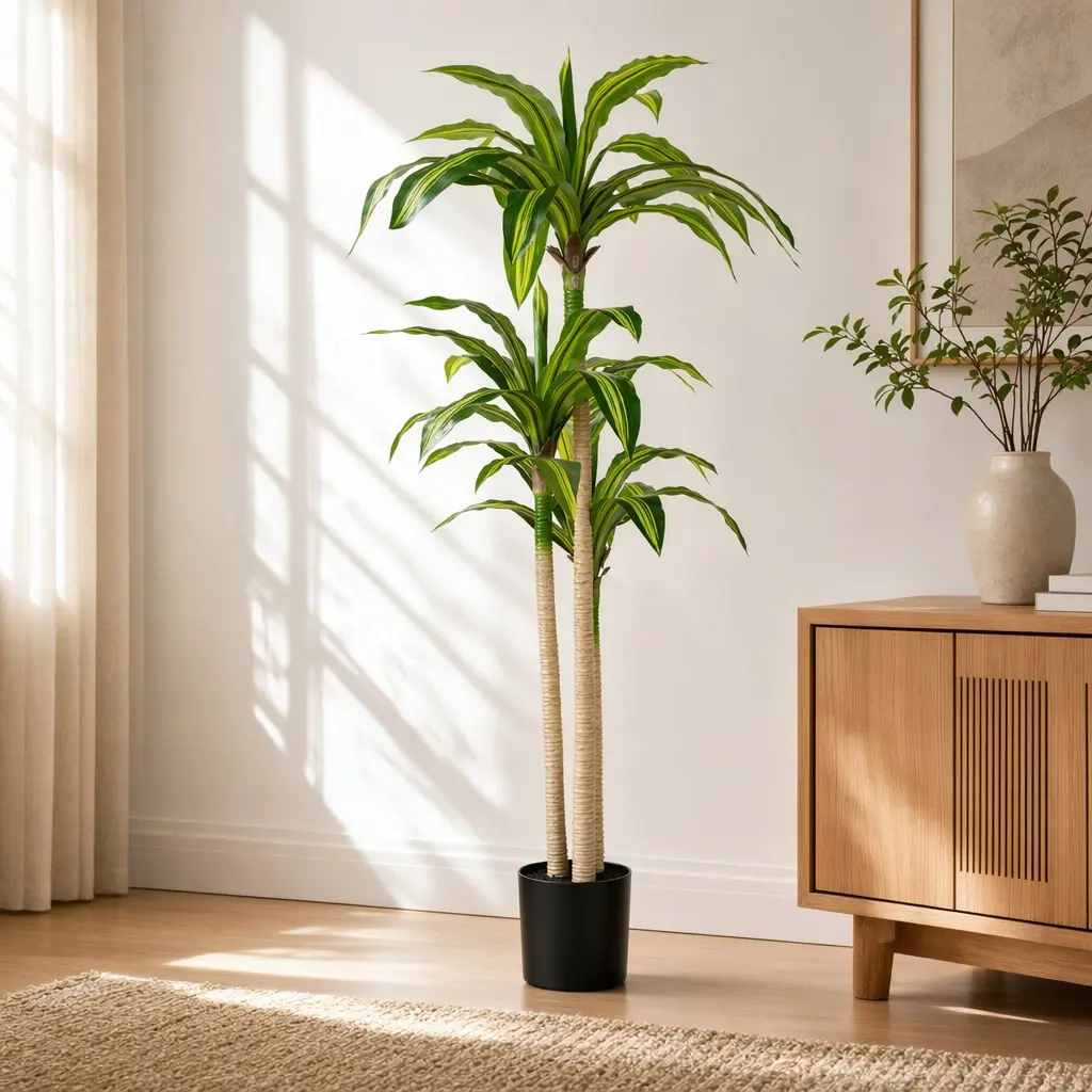 60" Tall Artificial Dracaena Tree (1-Piece) with Black Pot, Lifelike Faux Indoor Plant for Home Decor, Living Room
