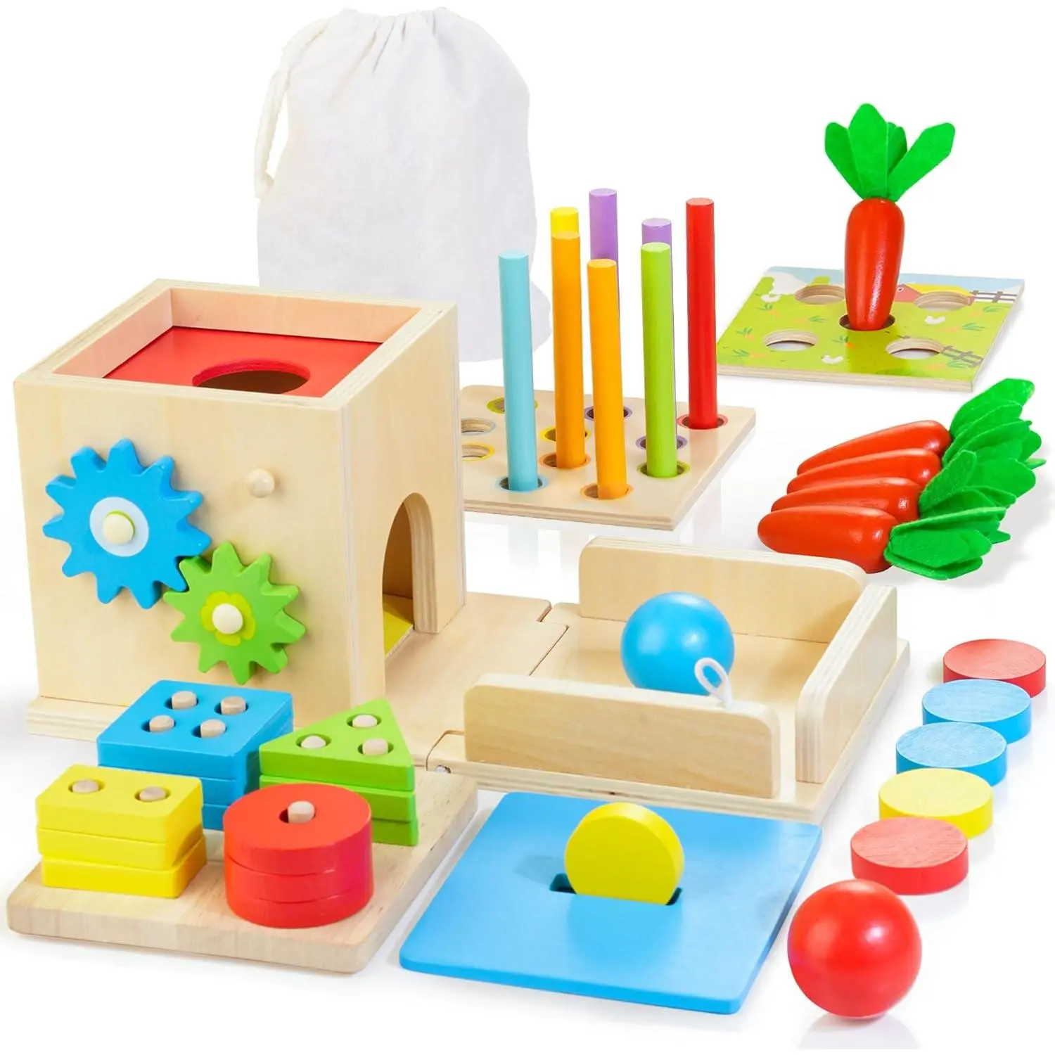 Wooden Montessori Baby Toys, 8-in-1 Wooden Play Kit Includes Object Permanent Box, Coin Box, Carrot Harvest, Shape Sorting & Stacking - Birthday Gift for Boys Girls Toddlersfidget toys