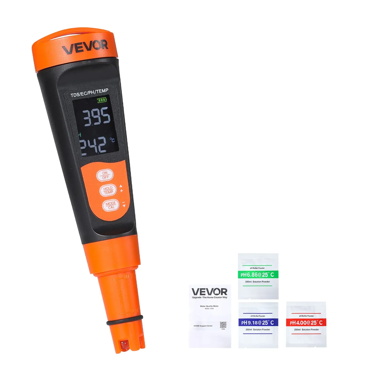 VEVOR Pocket pH Meter, Accurate pH/EC (Conductivity)/TDS (ppm) Multi-Parameter Tester, IP68 Waterproof Probe, Calibration Powder Packs, VA Display, Water Quality Testing Tool Kit, Calibration Packs, Ip68 Probe