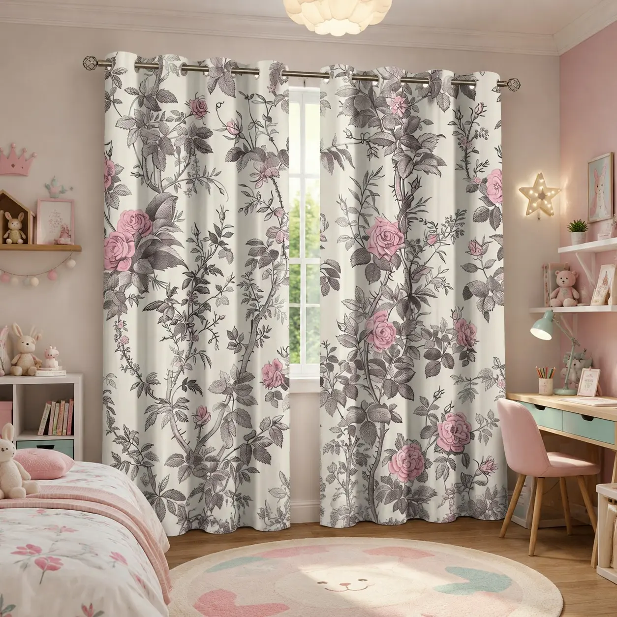 2-piece retro sketch style pink rose branch print semi blackout curtains French medieval style rose flower fabric curtains for girls' bedrooms, guest rooms, homestay atmosphere curtains