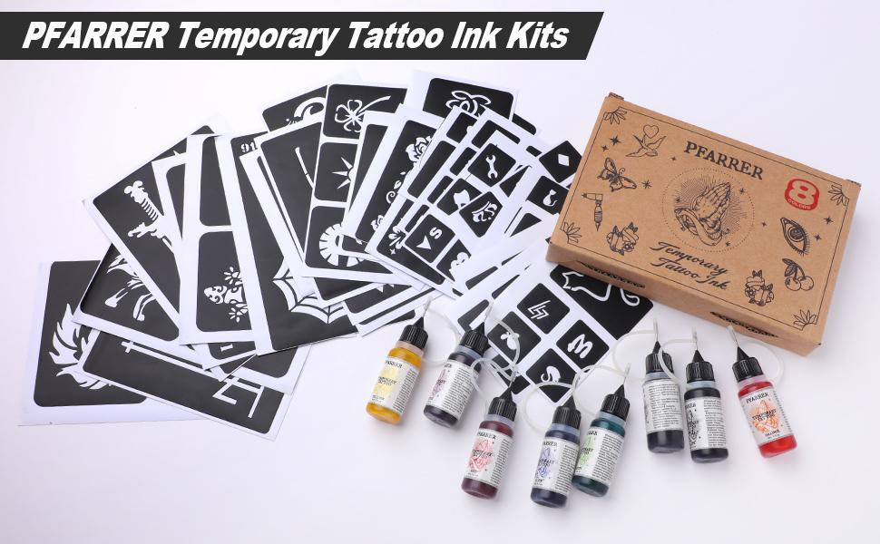 Temporary Tattoo Kit 8 Bottles Color Temporary DIY Tattoo Ink,105 Pcs Stencils Kit for Body Paint Fake Tattoos for Kids&Women (Black,Red,Green,Blue,Yellow,Purple,Brown,Orange) Water Proof Cosmetic