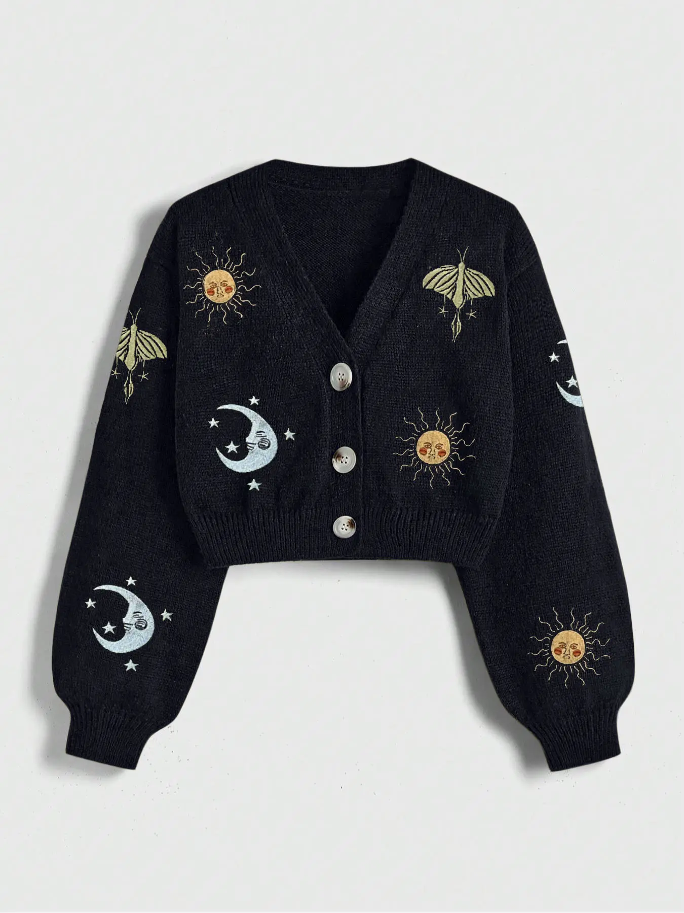 Women's Vintage Elegant Short Knitted Cardigan, Leaf Print V Neck Bubble Sleeve Button Front Sweater, Casual Fall & Winter Outerwear, Boho Casual Knitwear