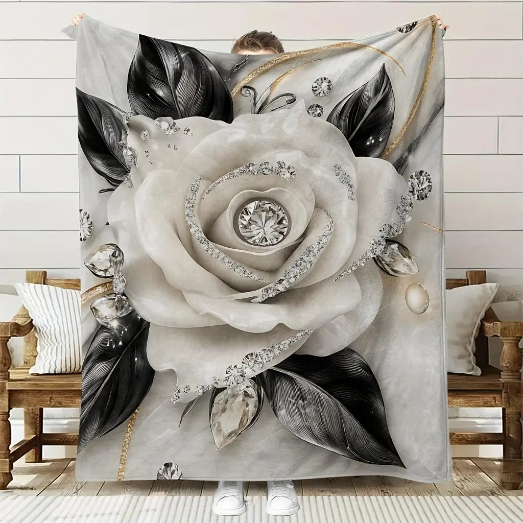 Soft High-Definition Digital Print Rose Pattern Blanket Black White Gray Elegant Design Cooling Blanket All-Season Soft Breathable 100% Polyester Perfect Gift for Family and Friends