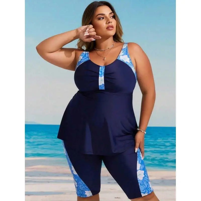 Women's Plus Size 2-Piece Navy Blue Floral Print Panel Tankini Set, High-Waisted Knit Fabric Long Bottoms (Knee-Length Shorts), Machine Washable Sports Swimwear, Two-Pieces
