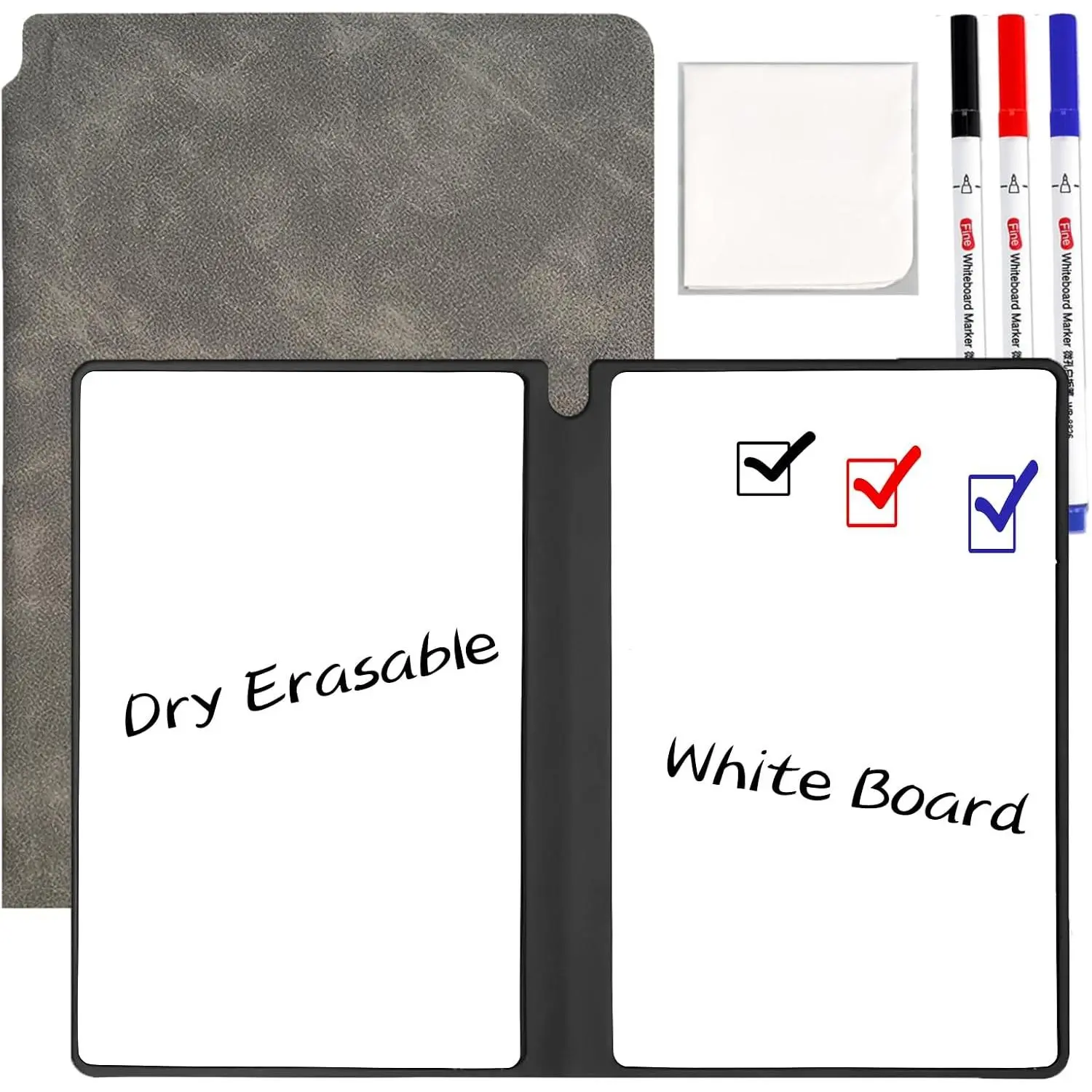 Whiteboard Notebook  Dry Erase Whiteboard with Pen and Wiping Cloth A5 Portable Dry Erase Pad with PU Cover White Board for Notes Lists Memo Message Presentation(Gray)