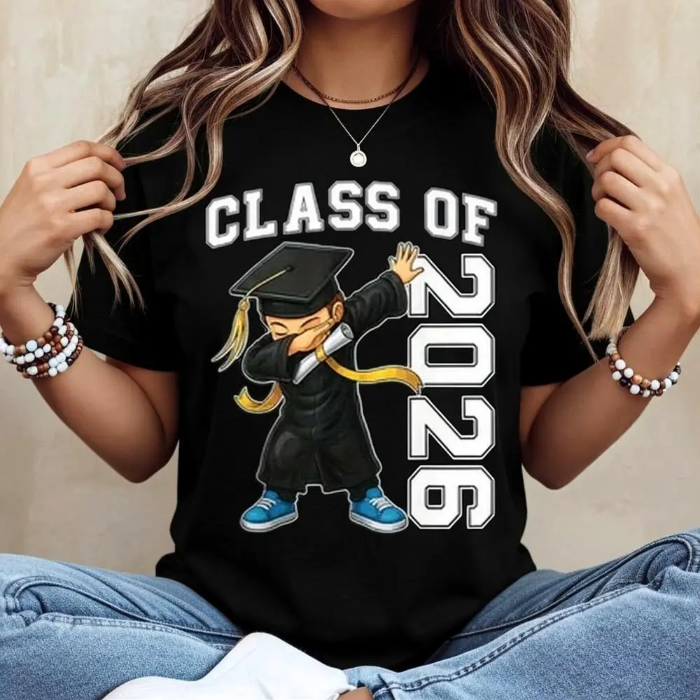 Graduation Dabbing Girl Class Of 2026 Print Tshirt White Crewneck Casual Tee For Graduation Celebration