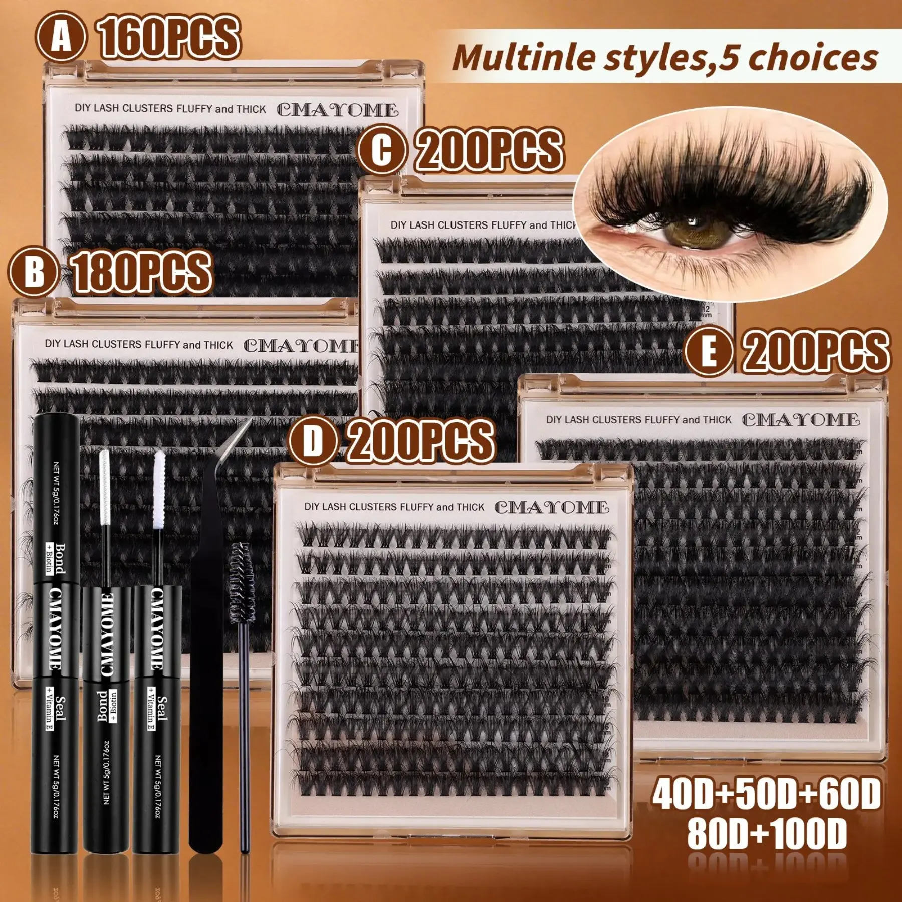 200/180/160 Pcs 10-18mm DIY Lash Extensions, Fluffy False Eyelashes Clusters - Wispy Natural, Soft & Lightweight with Faux-Fur Texture. Tapered Cat-Eye Style. 40D-100D Mixed Density. For Daily/Dates/Festivals; Perfect as Xmas Gift
