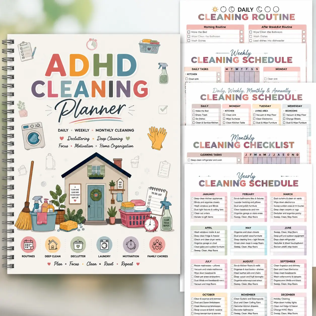 Household Daily Cleaning Planner Notebook – Home Cleaning Checklist & Yearly Schedule Organizer, Portable Cleaning Log for Kitchen, Bathroom & Office