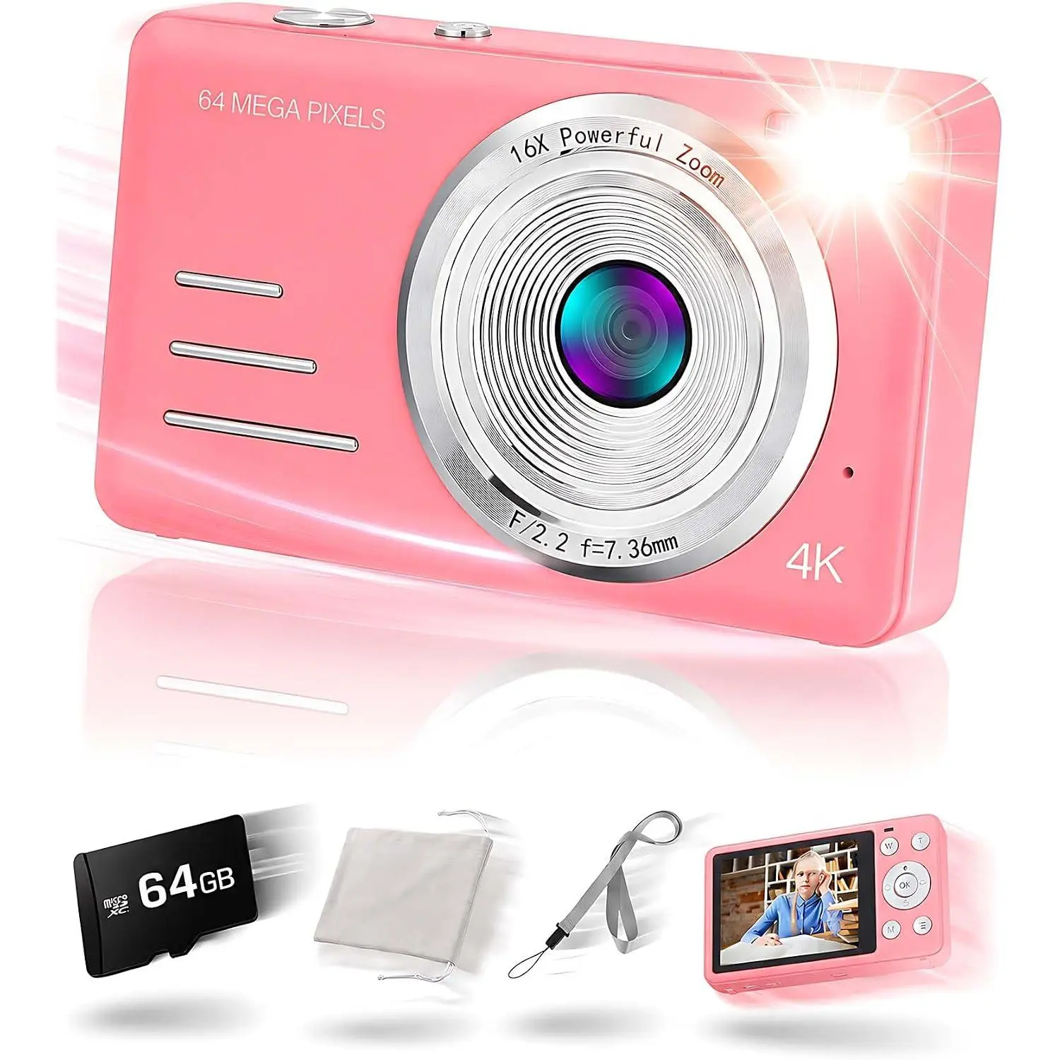 4K Digital Camera 64MP  Compact Camera with 18X Digital Zoom, 2.8" LCD Screen,-in 64GB microSD Card and 1500mAh Rechargeable , Beginner Point and Shoot Camera