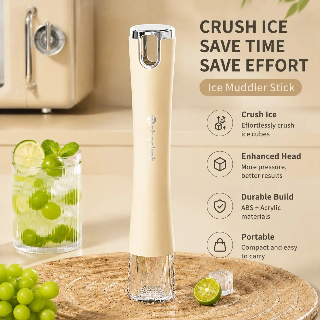 Portable Ice Crusher Stick, Manual Ice Muddler Tool for Cocktails, Whiskey, Mocktails, Home Bar & Kitchen, Essential Bartending Gear
