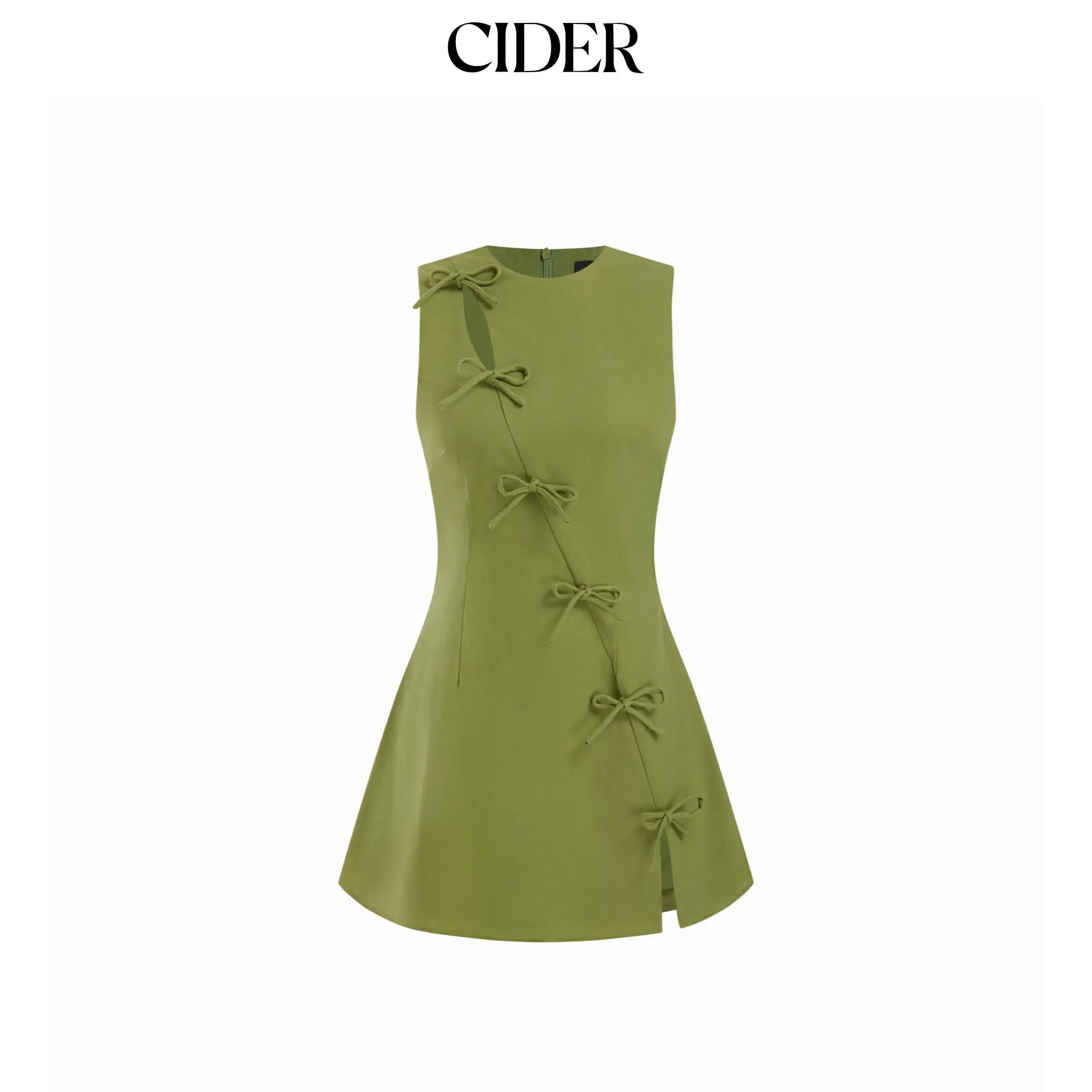 Cider Cotton-blend Round Neckline Knotted Split Mini Dress SohoChic