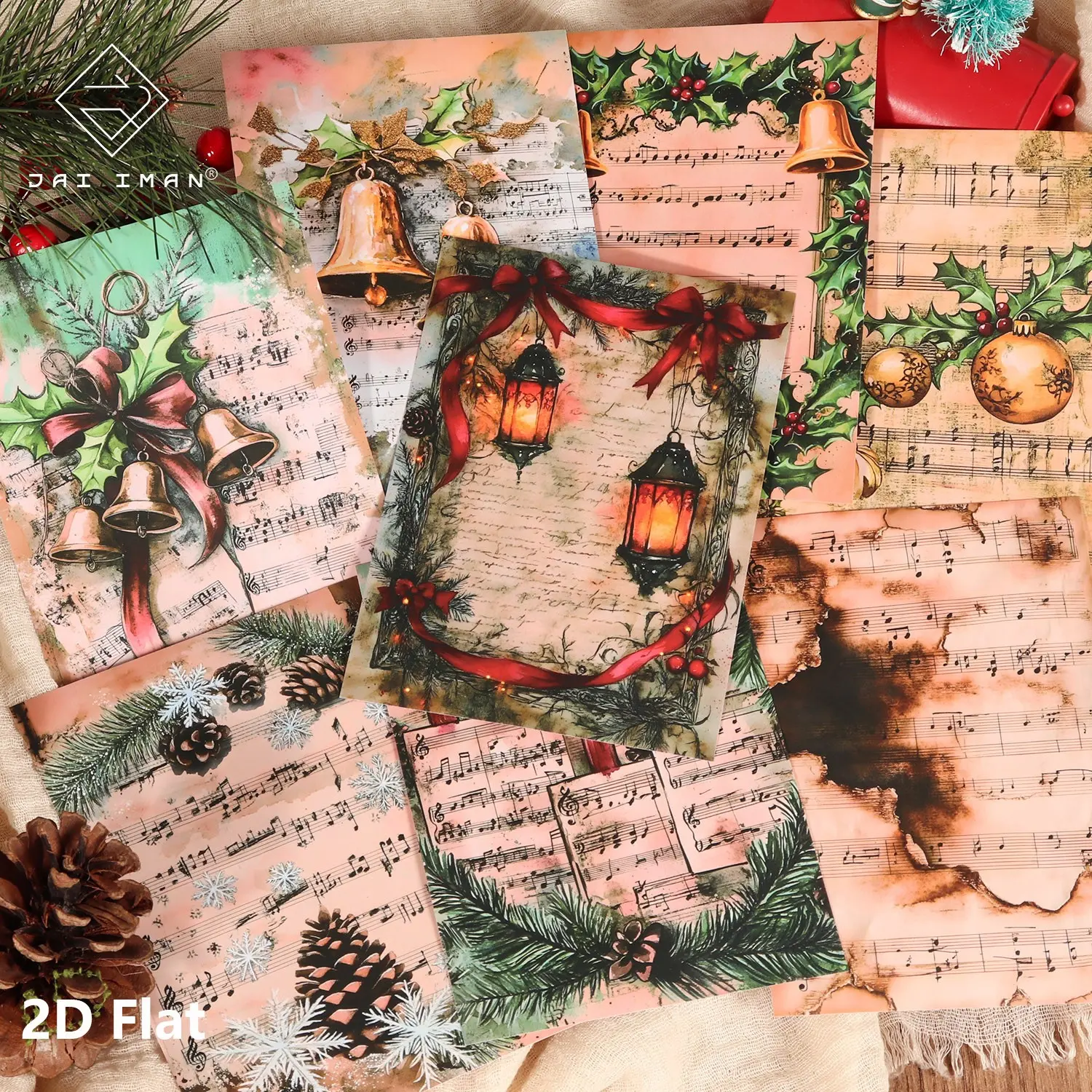 JAIIMAN 2D Flat 24sheets Christmas Music Self-adhesive Background Decals, with Bells, Christmas Flowers Patterns, Matte Film Process, Victorian Scrapbook Sticker, for Christmas Collage Decoration, Scrapbooking Supplies, Junk Journals, Clip Art