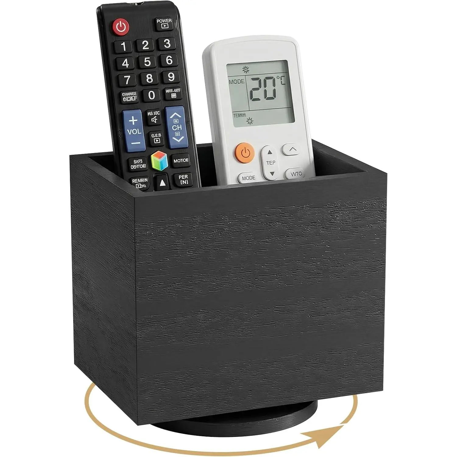 Wooden 360° Rotating Remote Control Holder - Desk Organizer Storage Box for Office Table, Living Room Nightstand, Couch (Black)