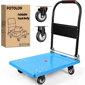 POTOLON Platform Cart 330 lbs Heavy Duty Push Cart Dolly with 4-Inch TPR Wheels 27.6 x 19.7 Inch PP Deck Flatbed Cart Platform Truck for Home Garage Warehouse Use Black