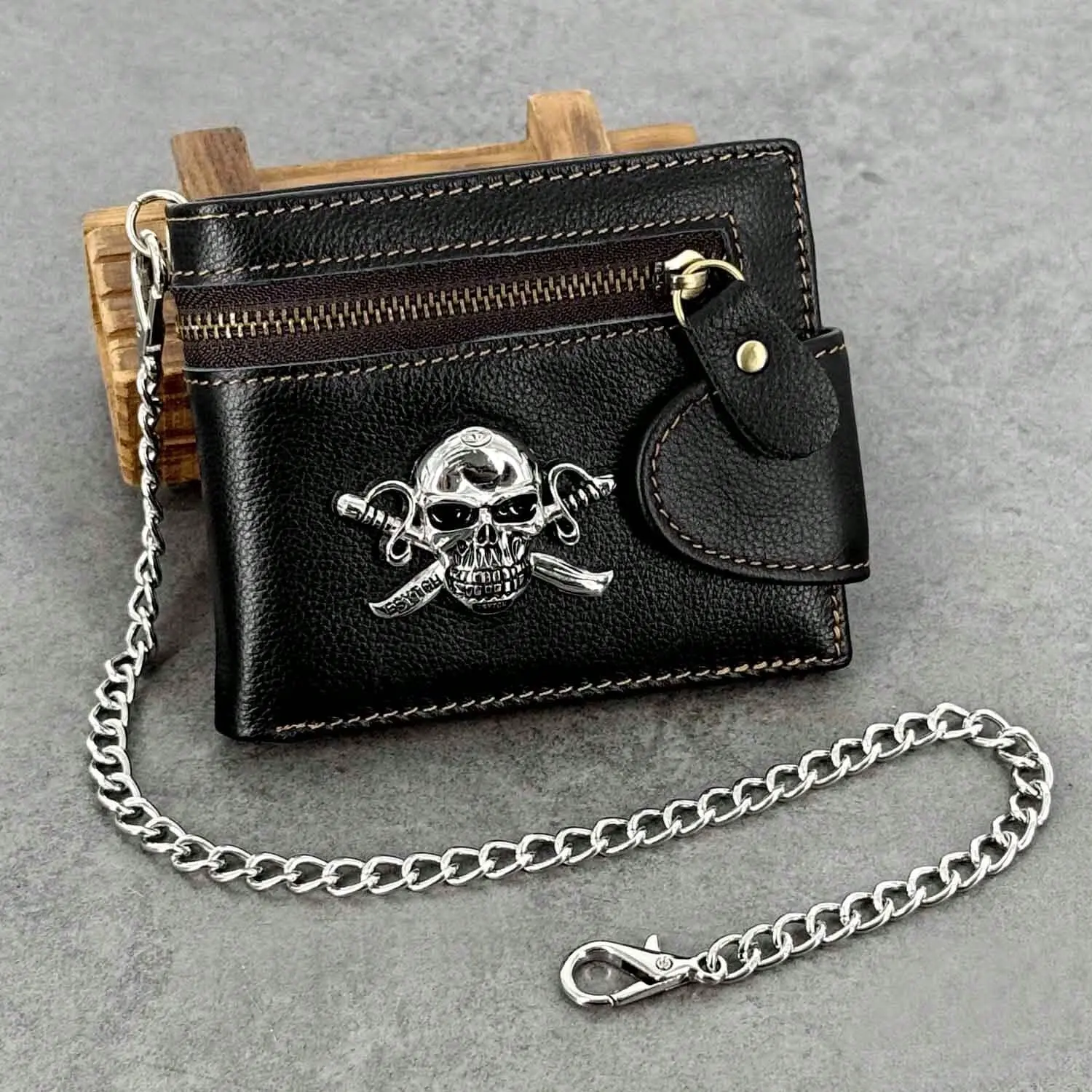 Punk Biker Mens Skull Leather Wallet With Chain Zipper Card Holder Purse