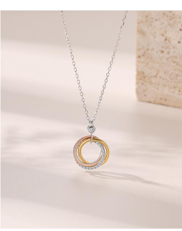 S925 Sterling Silver Three - Ring Colorful Zircon Circle Pendant Necklace Women's Fashion Design Daily Wear Festival Gift Jewelry