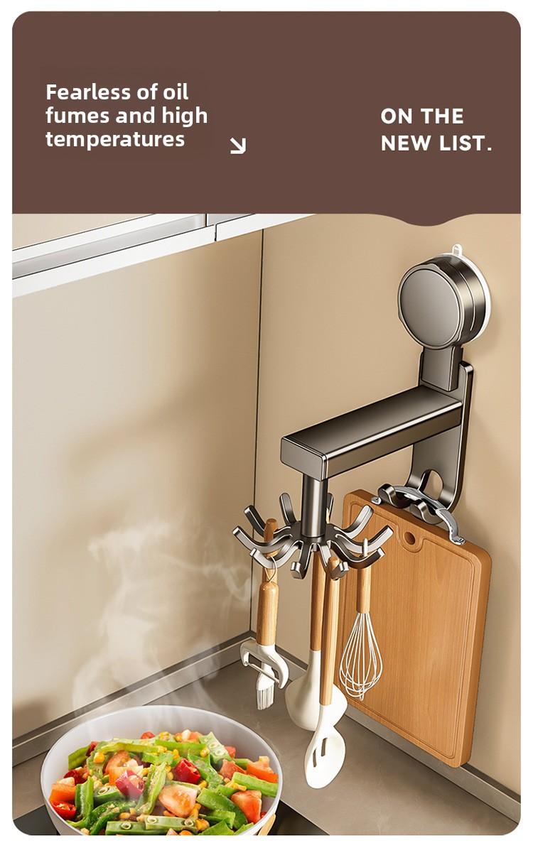 Aluminum Material Powerful Suction Cup Kitchen Rotating Hook Storage Rack No-Nail Wall-Mounted for Spatulas Spoons and Utensils Organiser Installation