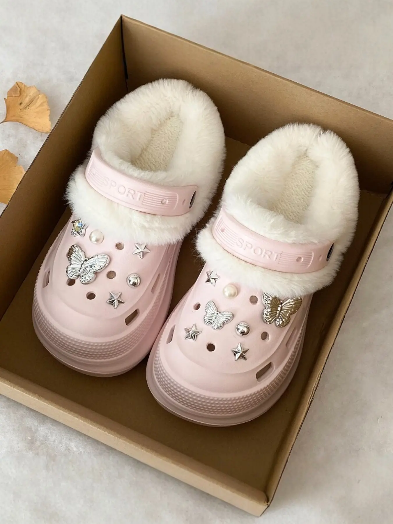 Women Fleece Lined Clogs, EVA Upper & Outsole, Platform Thick Sole, Cute Butterfly Star Charms, Warm Winter Cotton Shoes, Indoor Slippers, Indoor Outdoor Wear, Perfect Christmas & Black Friday Gift for Girls, Sizes 35-40