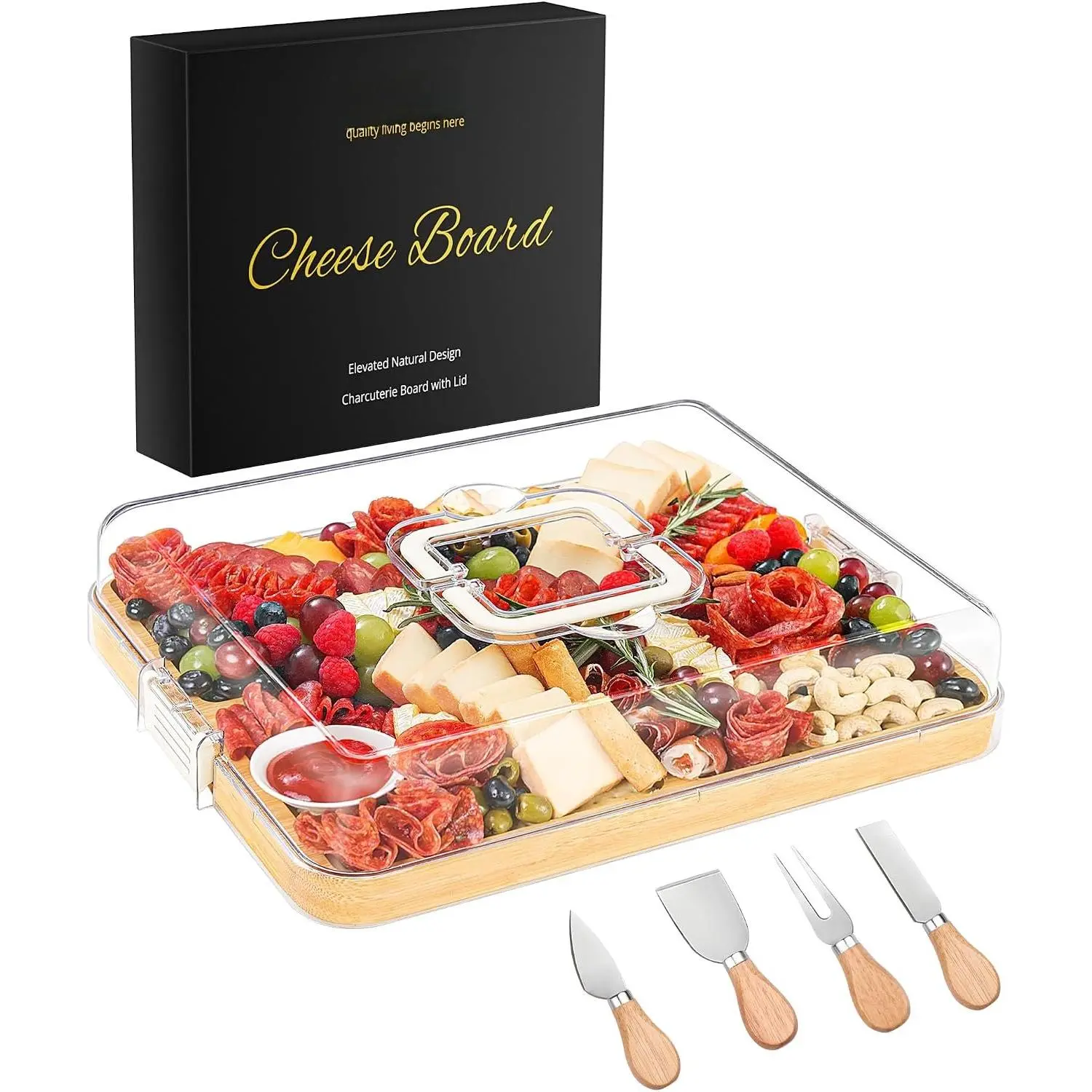 Portable Travel Charcuterie Board with Lid and Handle - Large  Cheese Board with 4 Cheese  Set for Outdoor, Picnics - Weddings, House Warming  for Women (6 Compartments, White)