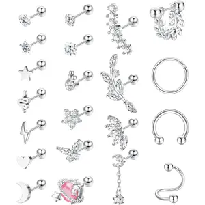 21Pcs 16G Cartilage Earrings for Women Men, 316L Stainless Steel Studs, Tragus Daith Conch Piercing Jewelry, Nose Clicker Ring, CZ Barbell Earrings