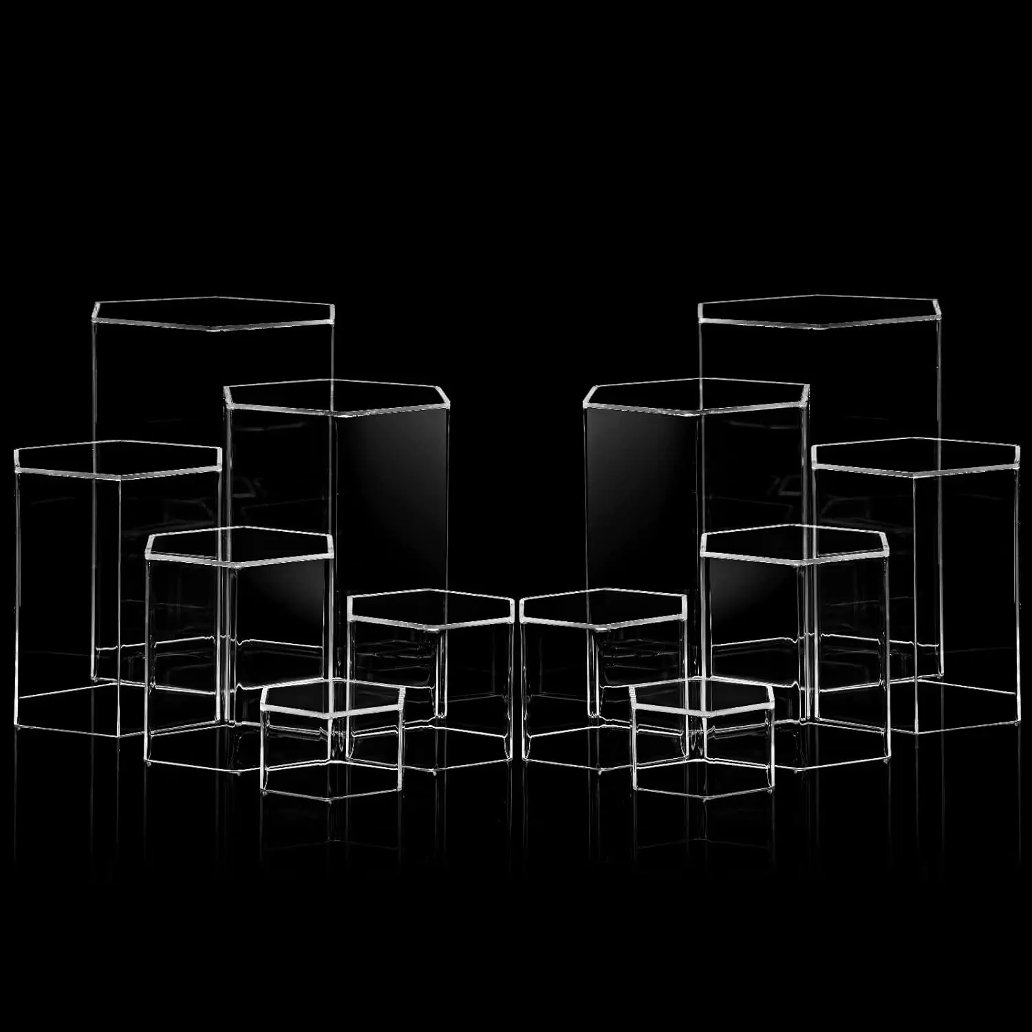 12 Pcs Clear Hexagonal Acrylic Display Risers, 6 Sizes Showcase Stands for Jewelry, Model Figures, Decoration and Market Display