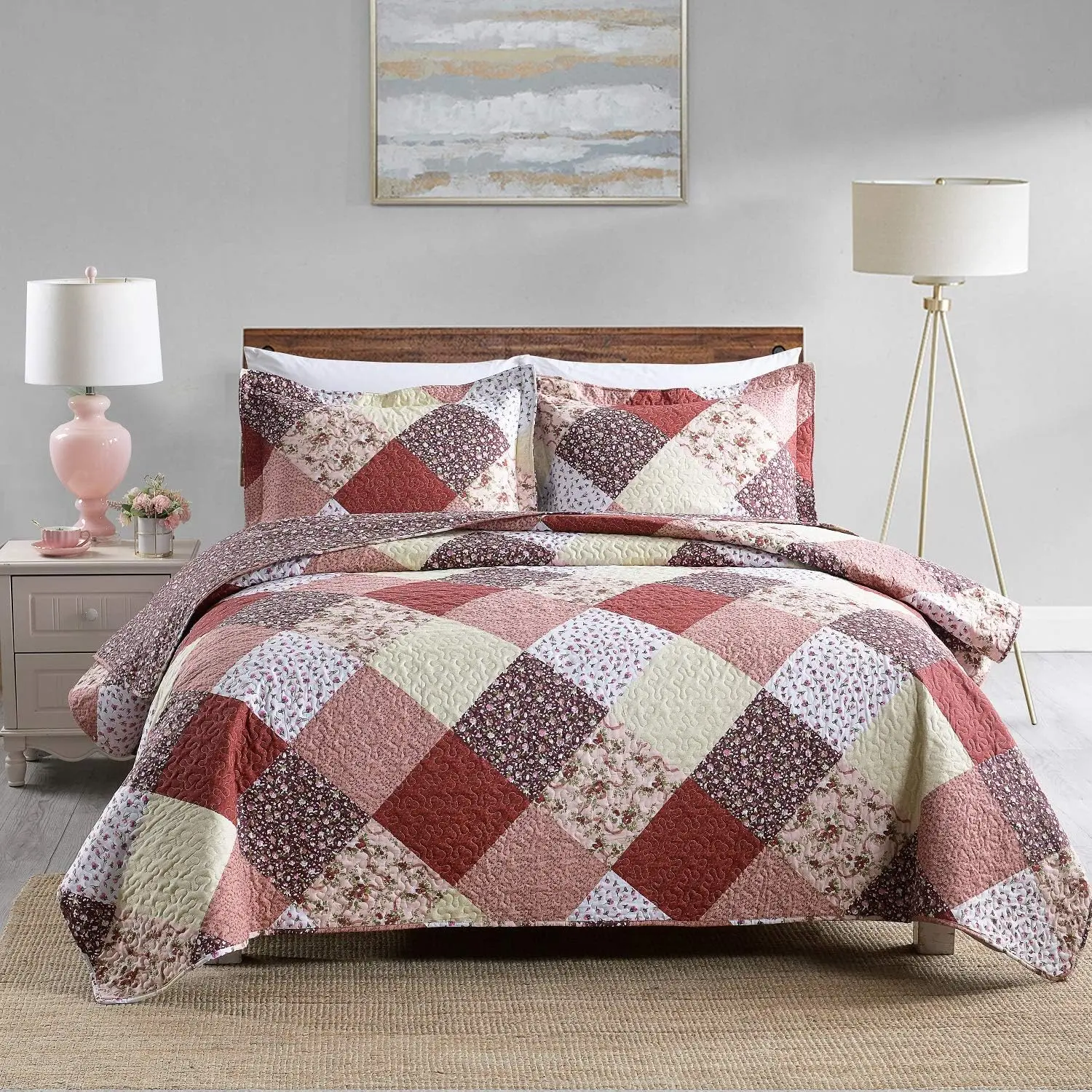 3-Piece Cold Wash Quilt Set, Lightweight Soft Full Size Gray Patchwork Bedspread Coverlet (90x90 in), Spring Bedding Set with 2 Pillow Shams, Cold Wash Quilts