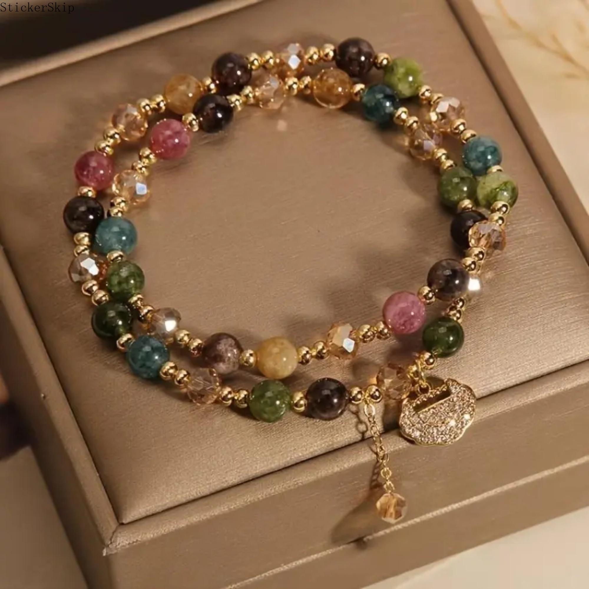 2026 NEW Double Layer Rainbow Tourmaline Round Bead Bracelet, Bohemian Jewelry for Daily Wear, Yoga, Gifting, Featuring Longevity Lock Charm, Color Design 2026 NEW Double Layer Rainbow Tourmaline Round Bead Bracelet, Bohemian Jewelry for Daily Wear, Yoga, Gifting, Featuring Longevity Lock Charm, Color Design