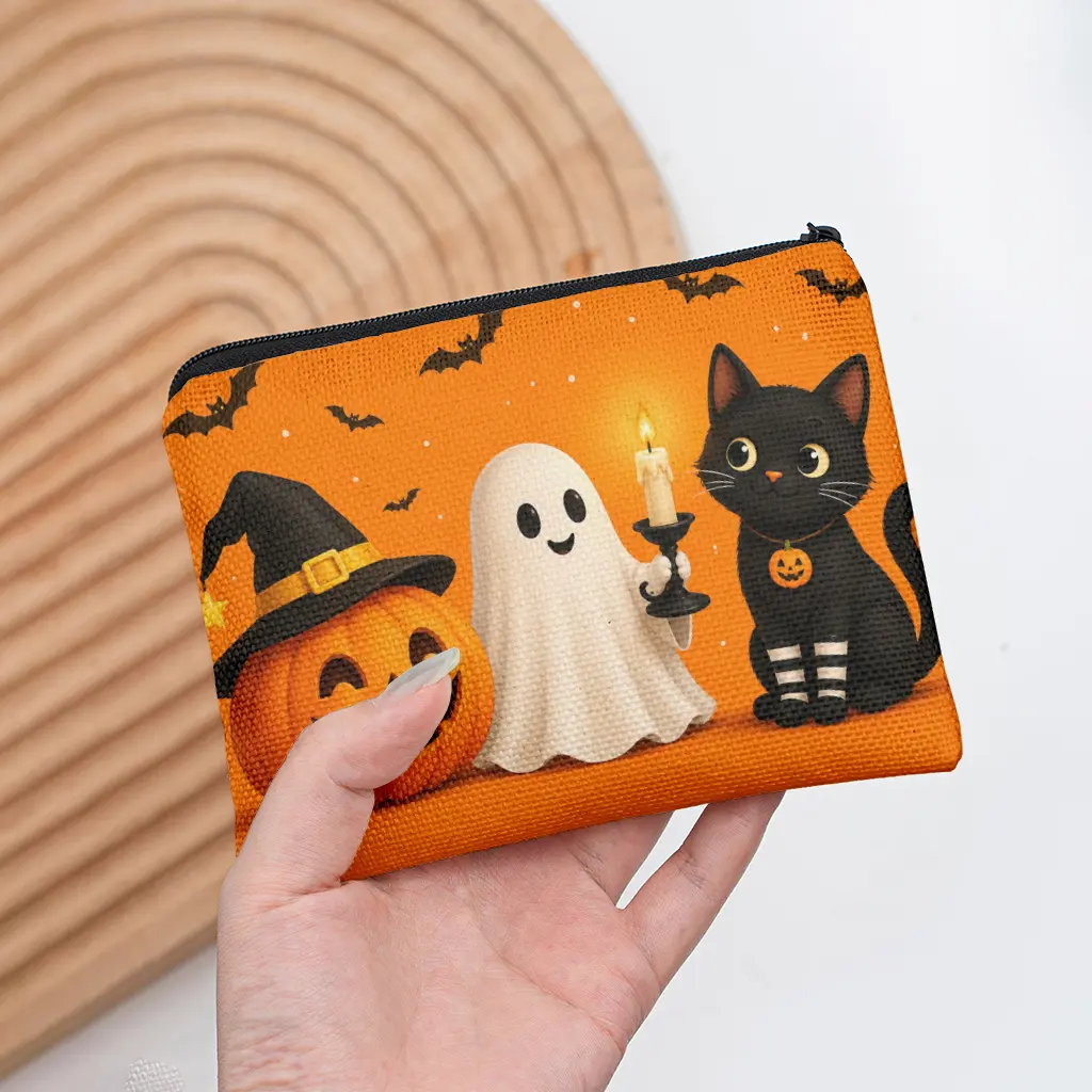Coin Purse 1pc, Halloween Pumpkin Cat Double-Sided Printed Coin Purse, Mini Wallet, Coin Pocket, Makeup Bag, with Zipper Closure, Lightweight, Durable, Hand Washable