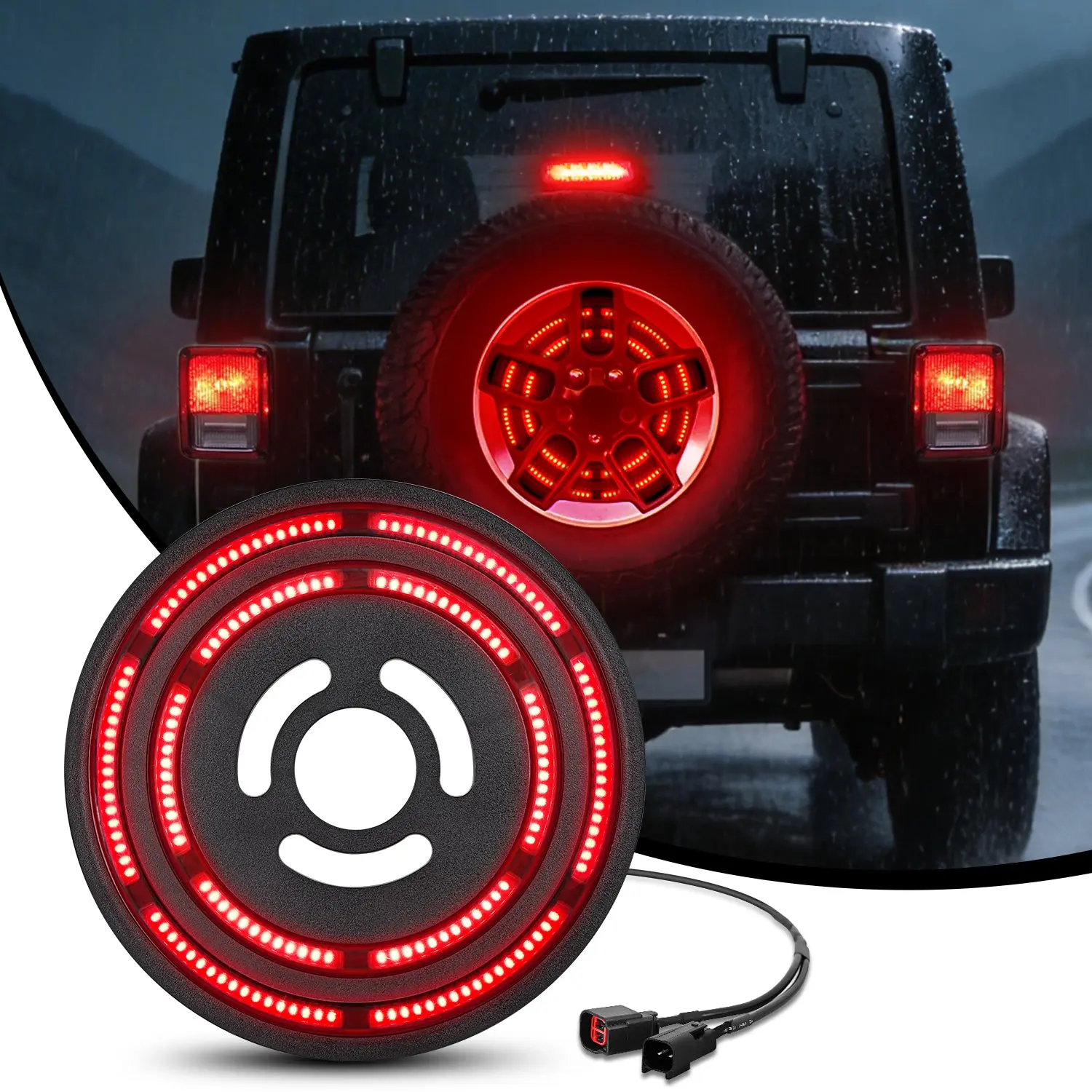 Nilight Ultra-Bright Red Double Row LED Ring Brake Safety Light - Plug & Play 3rd Stop Light for 2007-2017 Jeep Wrangler JK/JKU Series Rear Vehicle