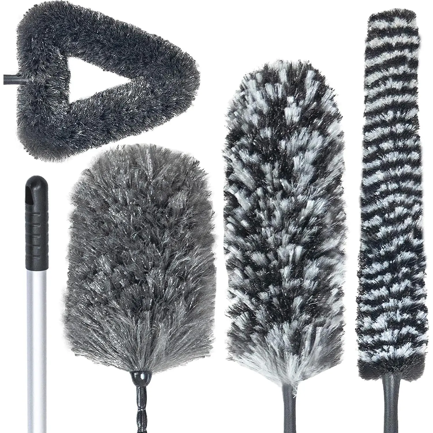 Microfiber Static Washable Duster Kit, Lightweight Extendable 5.6ft Pole, 4 Dusting Brushes for Home Users’ Indoor Wall, Ceiling Fan, Cobweb Cleaning, Black Dark Gray