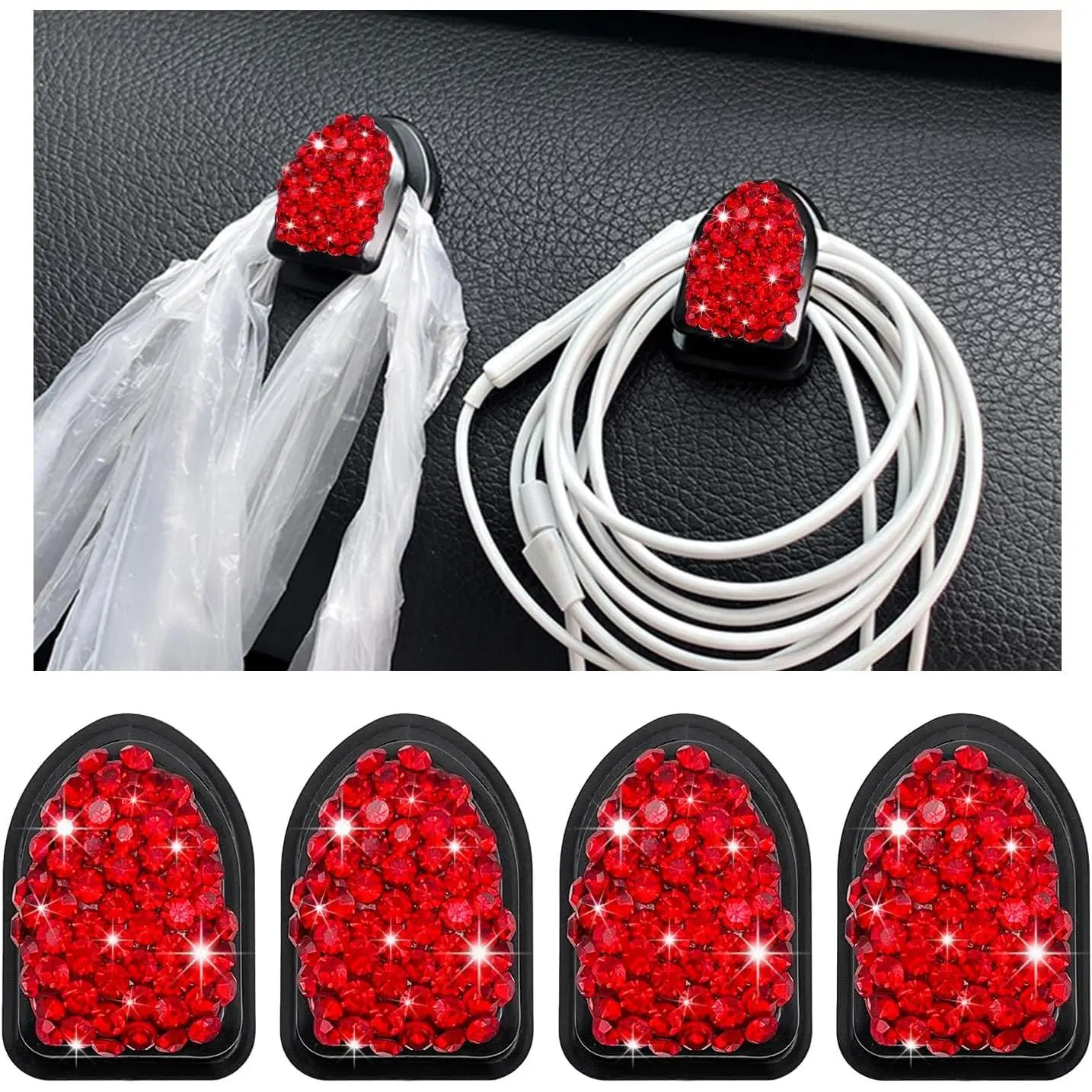 4 count Bling  Mini Hooks, Multifunctional Adhesive Small Auto Storage Hook for Key  Mask,  Rhinestone Dashboard  Hook, Interior Decor  Accessories (Red)