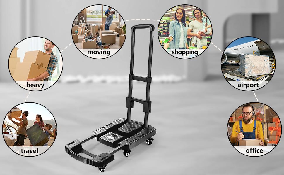 Folding Hand Truck 500lbs, Portable Heavy Duty Dolly Cart, 6 Wheels Collapsible Luggage Cart with 2 Elastic Ropes - Compact Trolley Cart for Easy Moving - Ideal Hand Cart for Travel and More