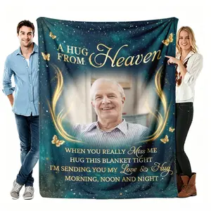 Custom A Hug From Heaven Photo Flannel Blanket, Memorial Loved One Personalized Soft Throw, Cozy Warm Remembrance Gift for Family Friends, Sympathy Home Decor for Couch Bed, AC Room Summer Blanket, Bereavement Condolence Gift for Her Him Mom