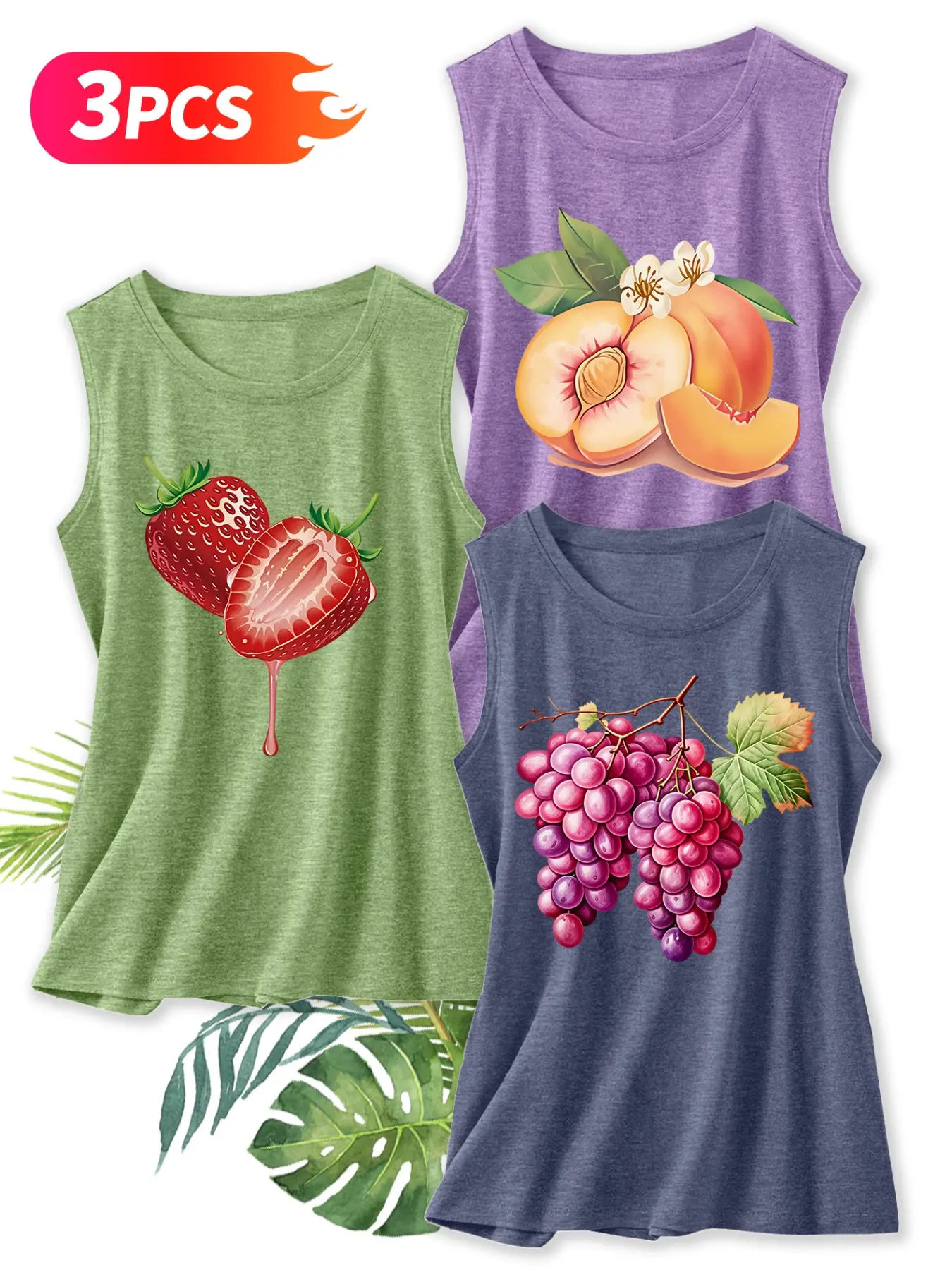 3Pcs Women Crew Neck Tank Top, Watercolor Strawberry Peach Grape Sweet Fruit Print, Multi-color Washable Spring Summer Top, Soft Skin-friendly Fabric Daily Versatile Fashion Design