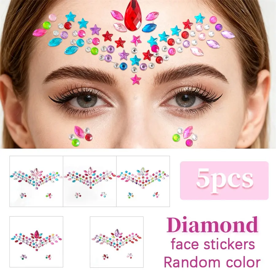5Pcs Random Star Face Rhinestone Stickers, Colorful Forehead Gem Stickers for Music Festival & Rave, Sparkly Crystal Eye Face Decorations for Stage Party Photoshoot