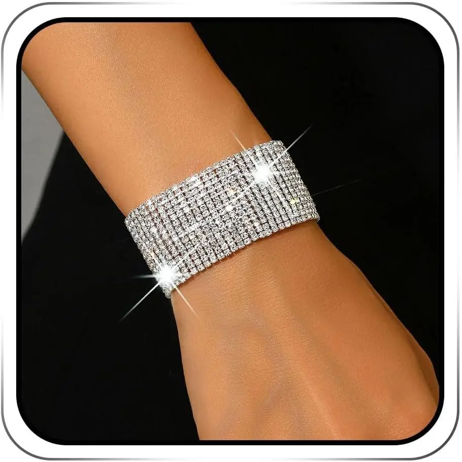 Rhinestone Bracelet  Bling  Bracelets for Women | Wedding Prom Hand Chain Sparkly  Wide Rows Bracelet
