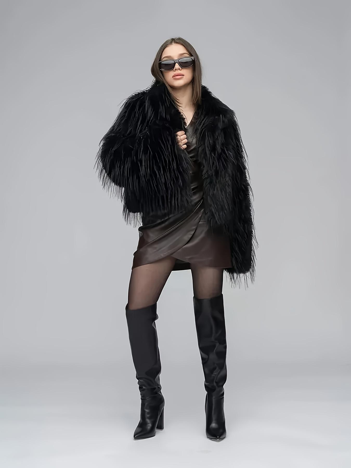 Women's Elegant Fitted Shaggy Long-Sleeve Coat - Luxurious