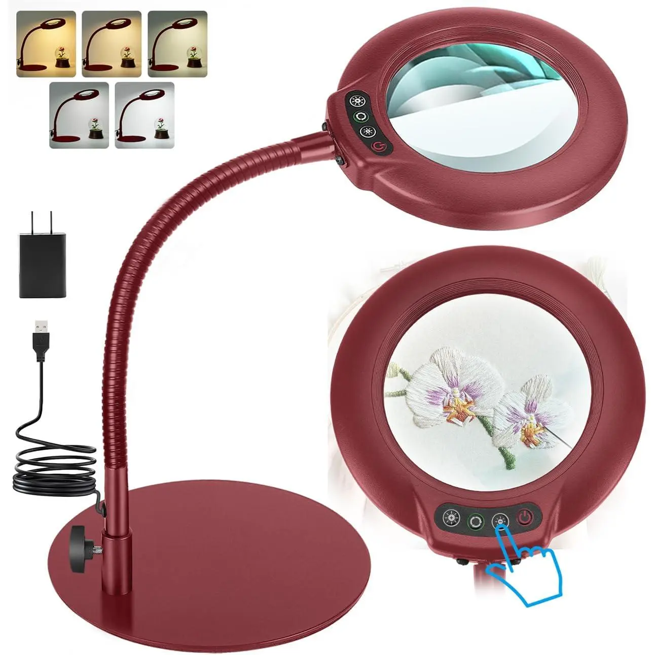 12X Magnifying Glass with Light, Real Glass Lens, 5 Color Modes Dimmable, Flexible Gooseneck Lighted Magnifier with Stand, LED Desk Lamp Hands Free for Crafts Painting Reading Close Work, Red