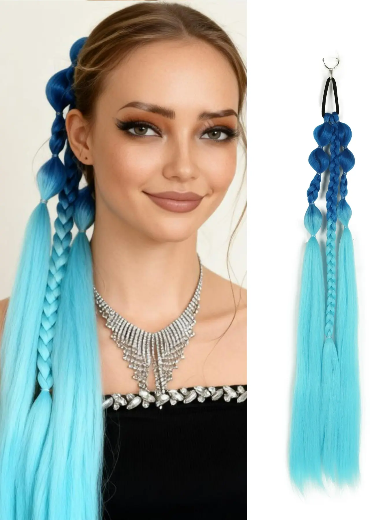 Blue Ombré Long Braided Hair Extension – 26-Inch Colorful Bubble Ponytail with Hair Tie; Synthetic Fiber Accessory for Women and Girls – Perfect for Crazy Hair Day, Music Festivals, Carnivals, and Cosplay.