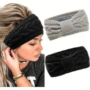 2 Pack Bow Front Furry Ear Warmer Headbands For Women, Soft Stretch Polyester Cold Weather Hair Accessories, One Size Fits All Unisex Elastic Winter Outdoor Head Wraps