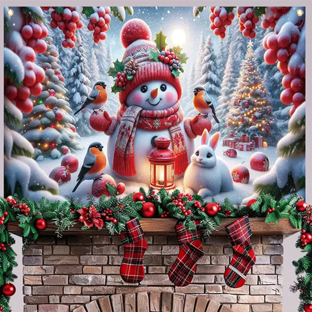 1PC,2D Christmas Diamond Painting Kit Snowman with Red Hat Scarf Lantern Rabbit Birds Winter Scene DIY Craft Supplies for Home Decor Xmas Gift Idea for Adults Kids Beginners Including Drill Pen Tray and Adhesive Canvas