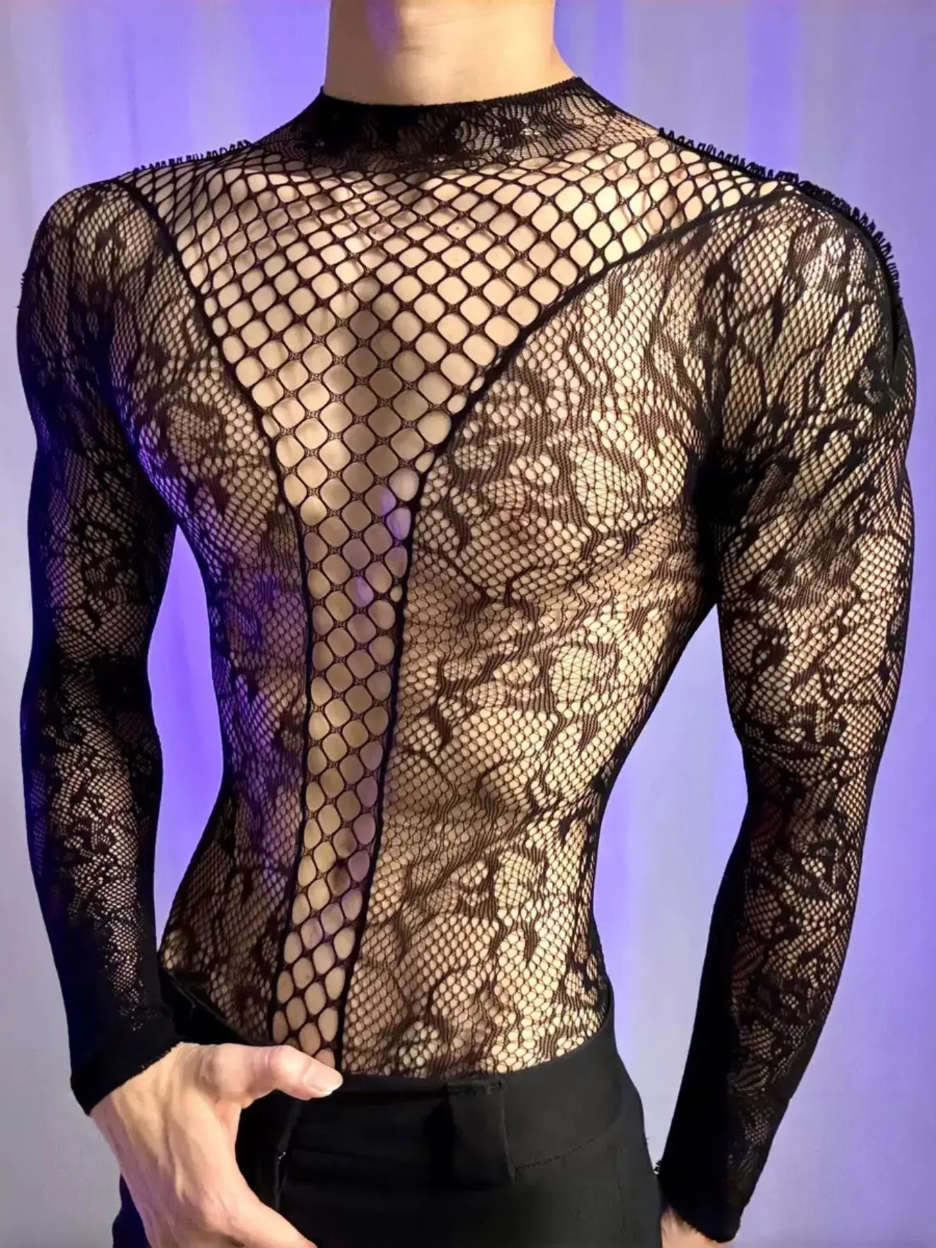 Men's Vintage Long Sleeve Patchwork Mesh Lace Top, Fashionable Stylish Loose-Fit Plaid Design, Plain Surface Unlined, All-Season Wear